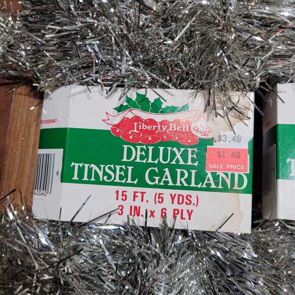 Vintage Silver Tinsel Garland Christmas Tree Mantle Decoration Liberty Bell - Picture 3 of 7